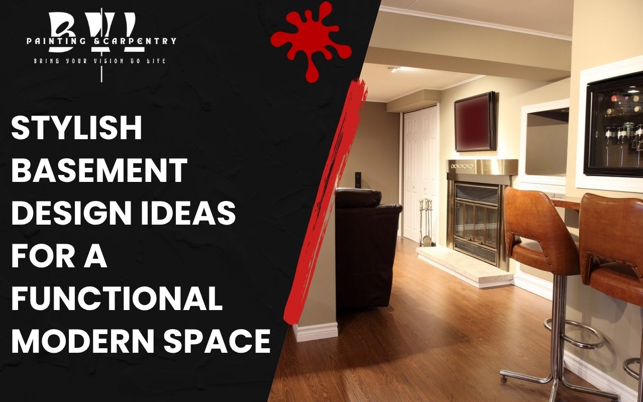 Small finished basement with wall-mounted desk and built-in shelves