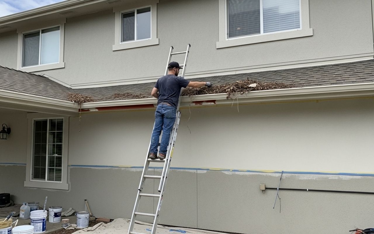gutter cleaning before exterior painting on a residential home