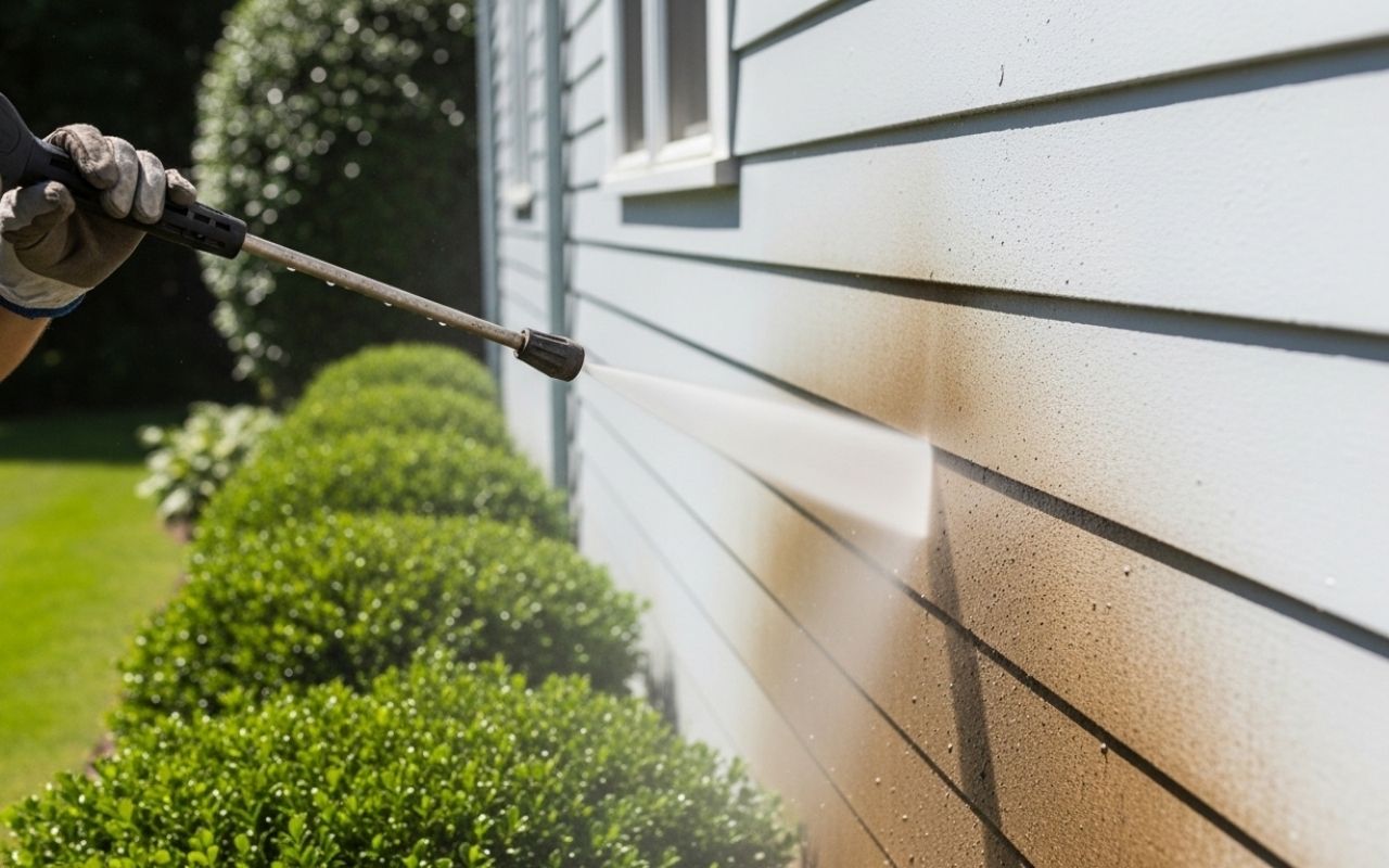 pressure washing before exterior painting on home siding before paint application