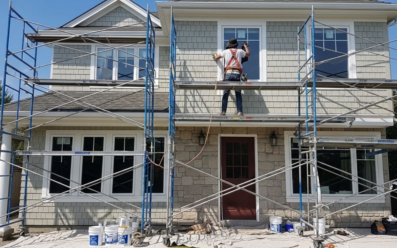 Window cleaning before exterior painting on a residential home