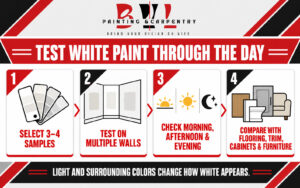 BVL Painting & Carpentry graphic showing four steps for testing white paint samples under changing light throughout the day.