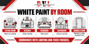 BVL Painting & Carpentry illustrated guide to choosing white paint for living rooms, kitchens, bedrooms, bathrooms, doors, and trim.