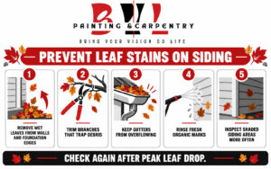 BVL Painting & Carpentry checklist for preventing siding stains by removing wet leaves, trimming branches, maintaining gutters, rinsing fresh marks, and inspecting shaded areas.