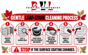 BVL Painting & Carpentry siding stain checklist covering stain age, mildew, siding material, test areas, plant protection, and gentle cleaning methods.