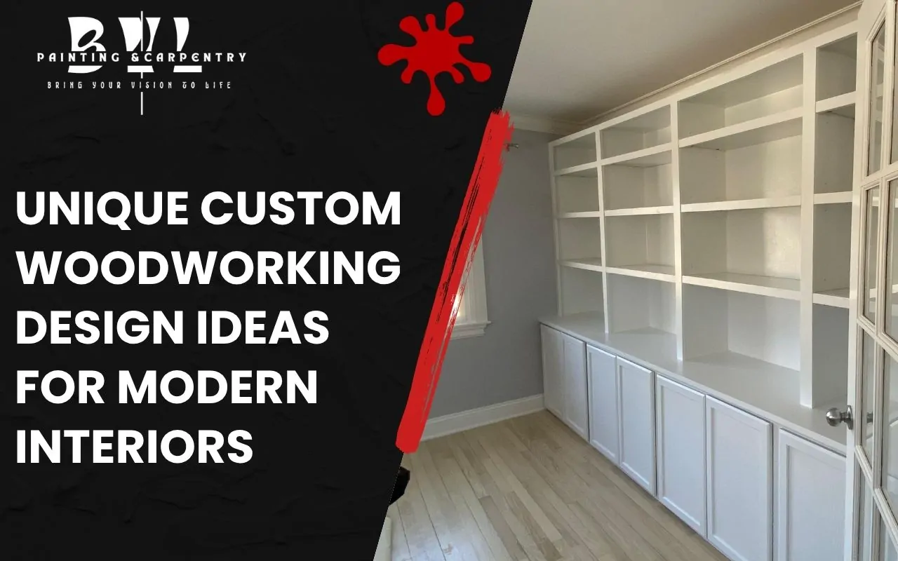 Wall-mounted custom wood shelving in a modern living room