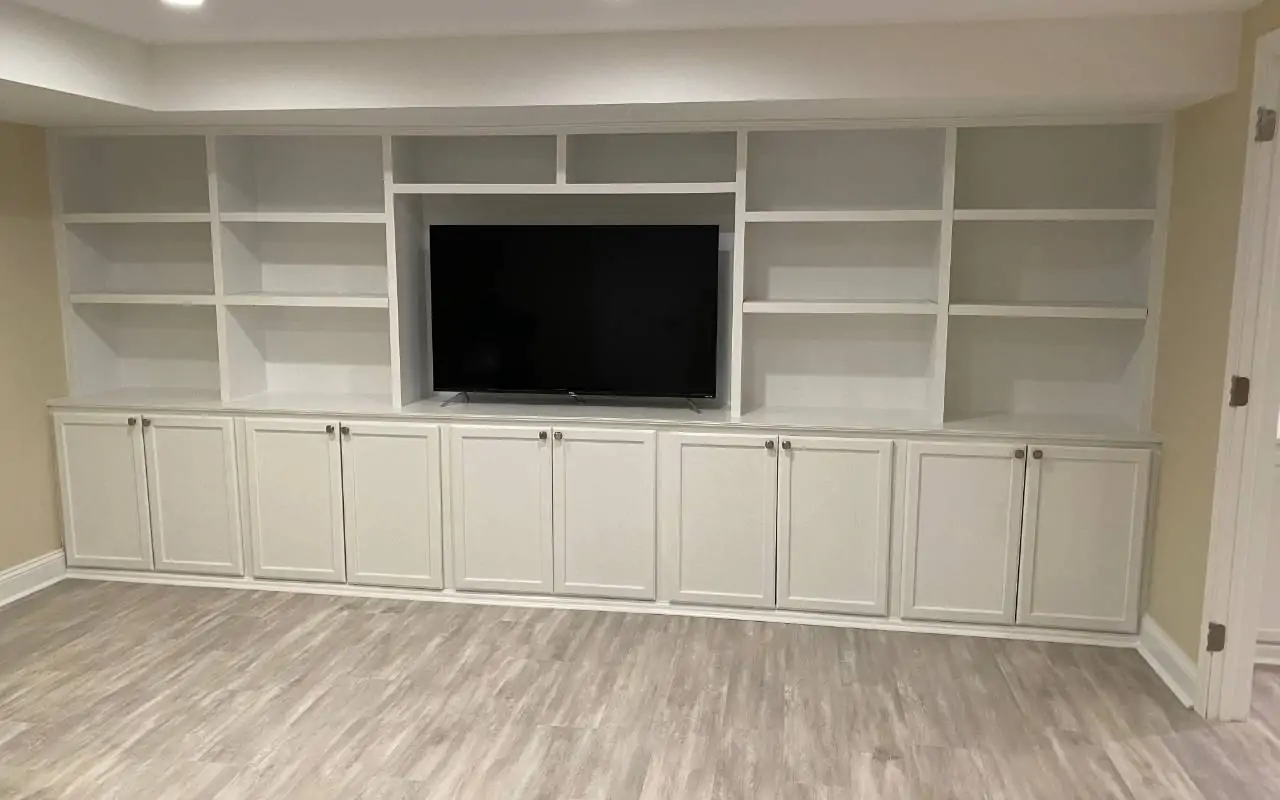 Living room built-ins for seasonal décor—custom millwork holiday Fairfield