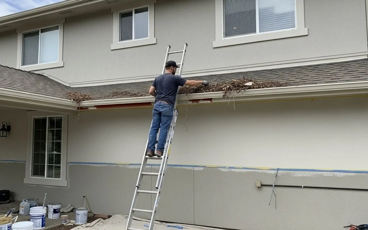 gutter cleaning before exterior painting on a residential home